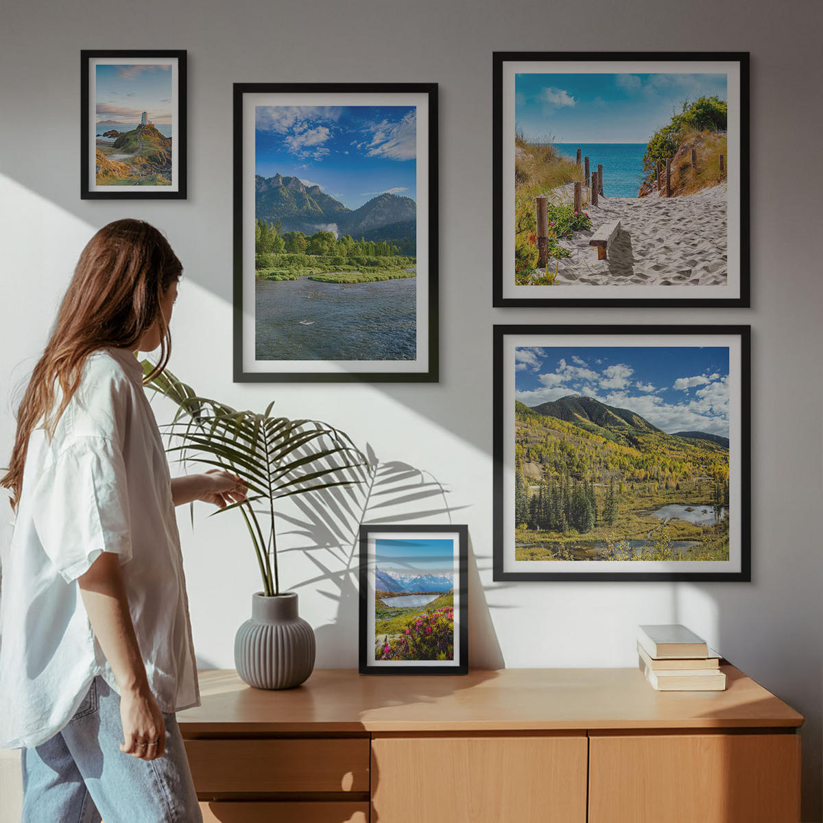 WANDBILDER 5er-Set - 50x50 cm & 20x30 cm & 40x60 cm Schwarzer Rahmen - See, Brücken, Berge - Schwarz, Kunststoff (40/60cm) - ArtPrintCave
