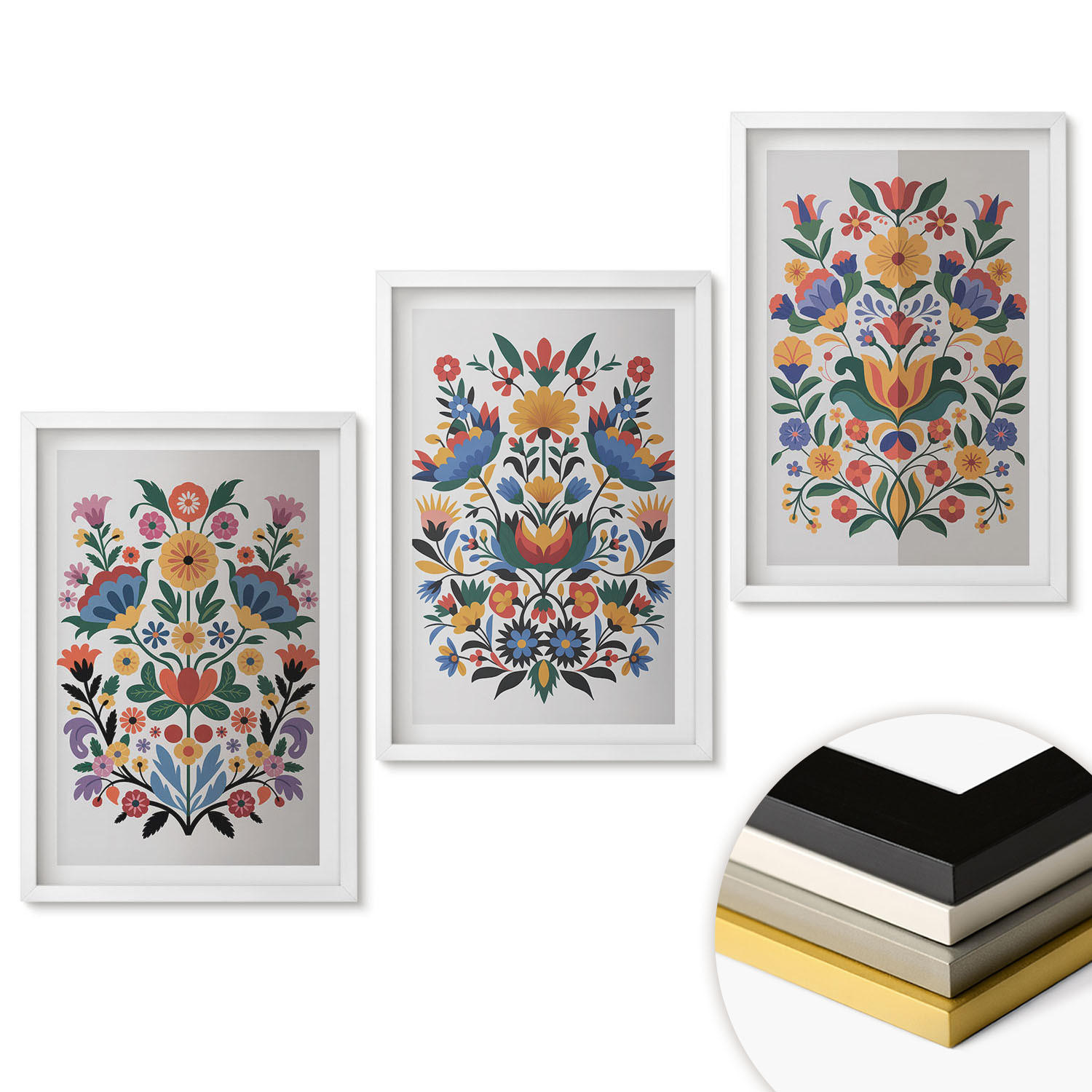 WANDBILDER 3er-Set - 40x60 cm Weißer Rahmen - Blumenmuster in intensiven Farben - Weiß, Kunststoff (40/60cm) - ArtPrintCave