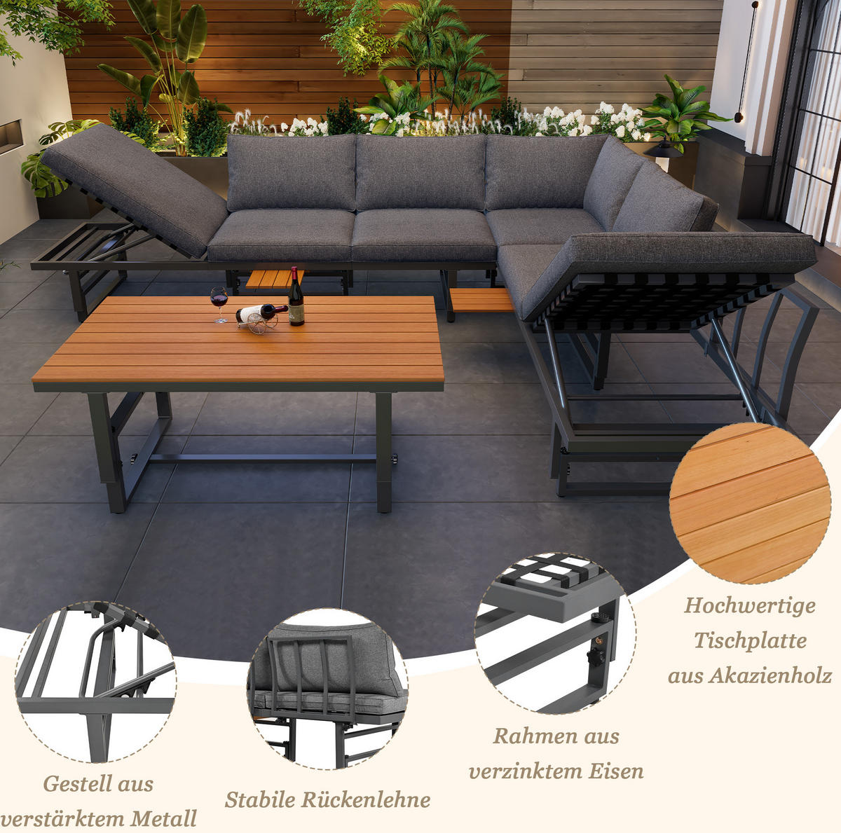 LOUNGEGARNITUR 186/64/70-76 cm Grau aus Eisen 2er Set - Grau, Metall - OKMYHOME