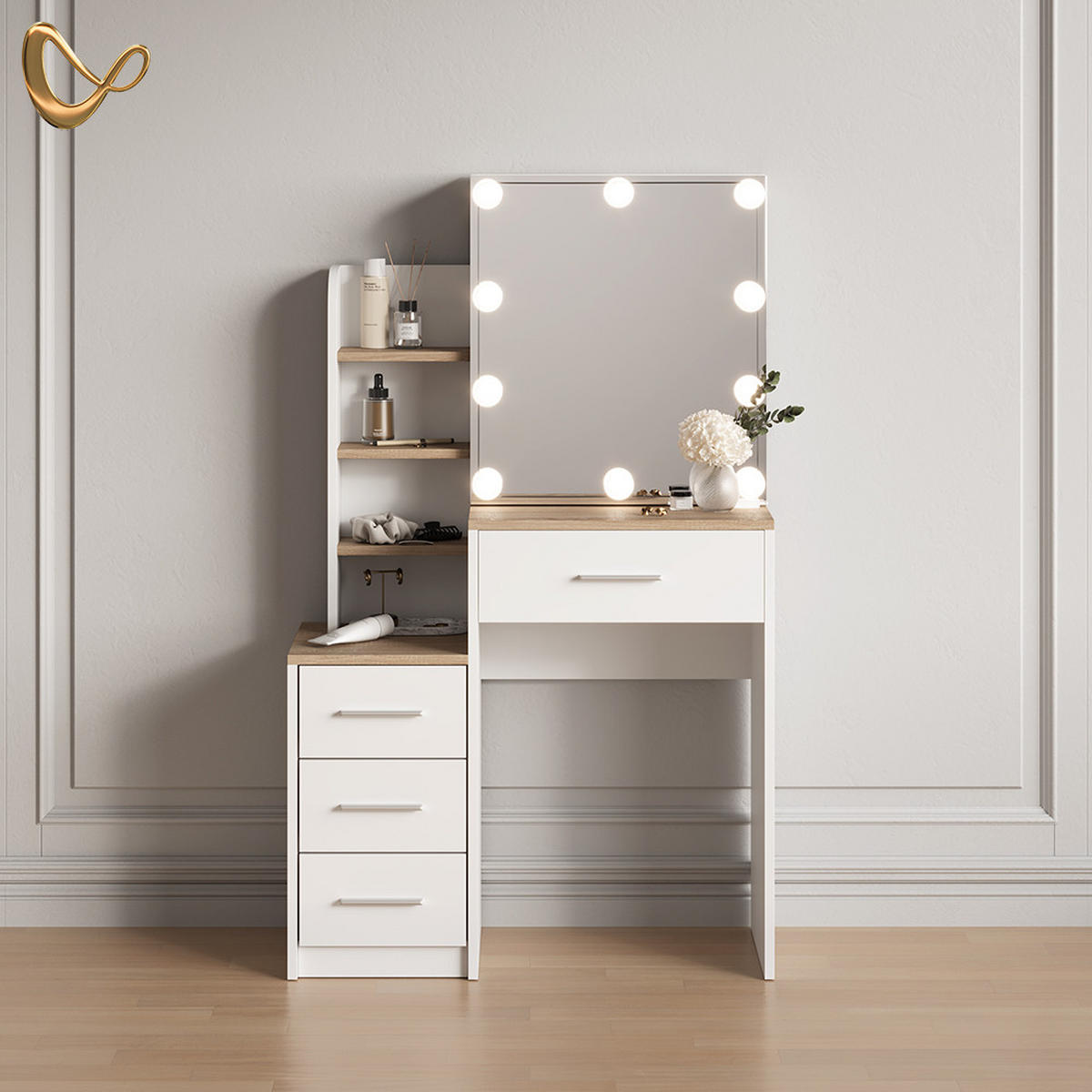 SCHMINKTISCH Loreta Weiß/Sonoma 80 cm mit LED Beleuchtung - Weiß/Sonoma Eiche, Holzwerkstoff (80/131.6/36cm) - Livinity®