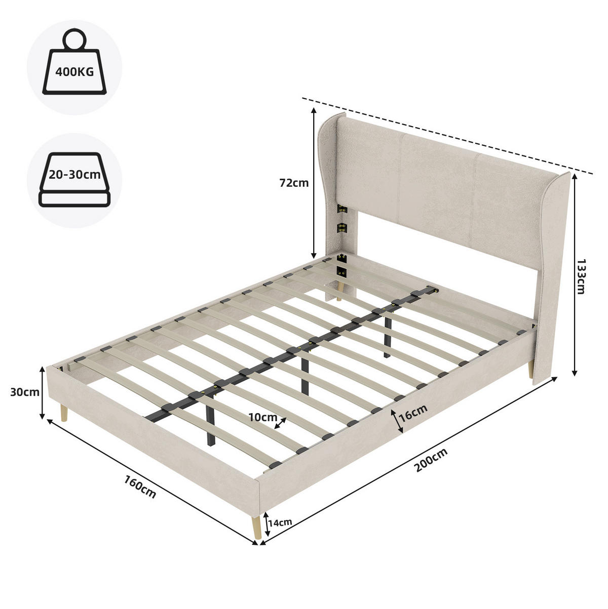 POLSTERBETT 160/200 cm mit gepolstertem Kopfteil, modernem Stoffbezug und stabilem Metallgestell, Beige - Beige, Textil (160/200cm) - Redom