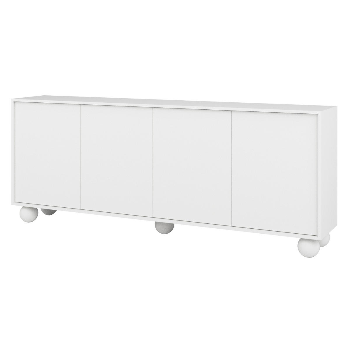 KOMODA Adel se 4 dvířky a kulatými nožkami, 204 cm, bezúchytková, bílá - bílá, kompozitní dřevo (204/81/38cm) - Beautysofa