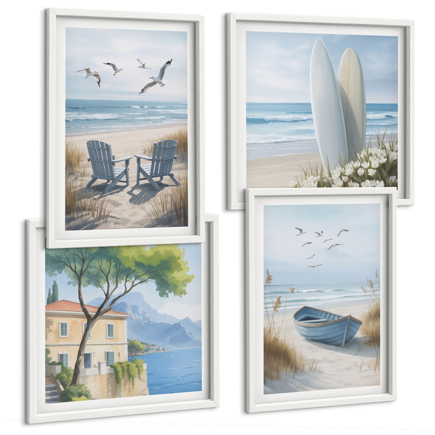 BILDER SET 4er Set - 50x50 cm & 40x60 cm Weißer Rahmen - Strandbretter, Surfboote, Vögel - Weiß, Kunststoff (50/50cm) - TULUP