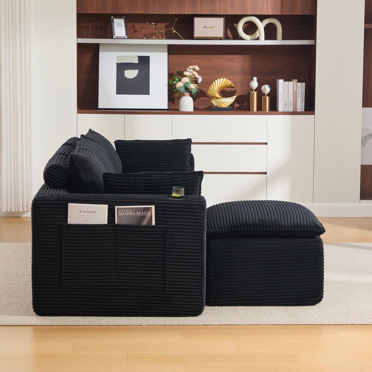 ECKSOFA 256/161/75 cm schwarz aus Cord mit Kissen und Seitentaschen - Schwarz, Textil (161/256cm) - OKWISH