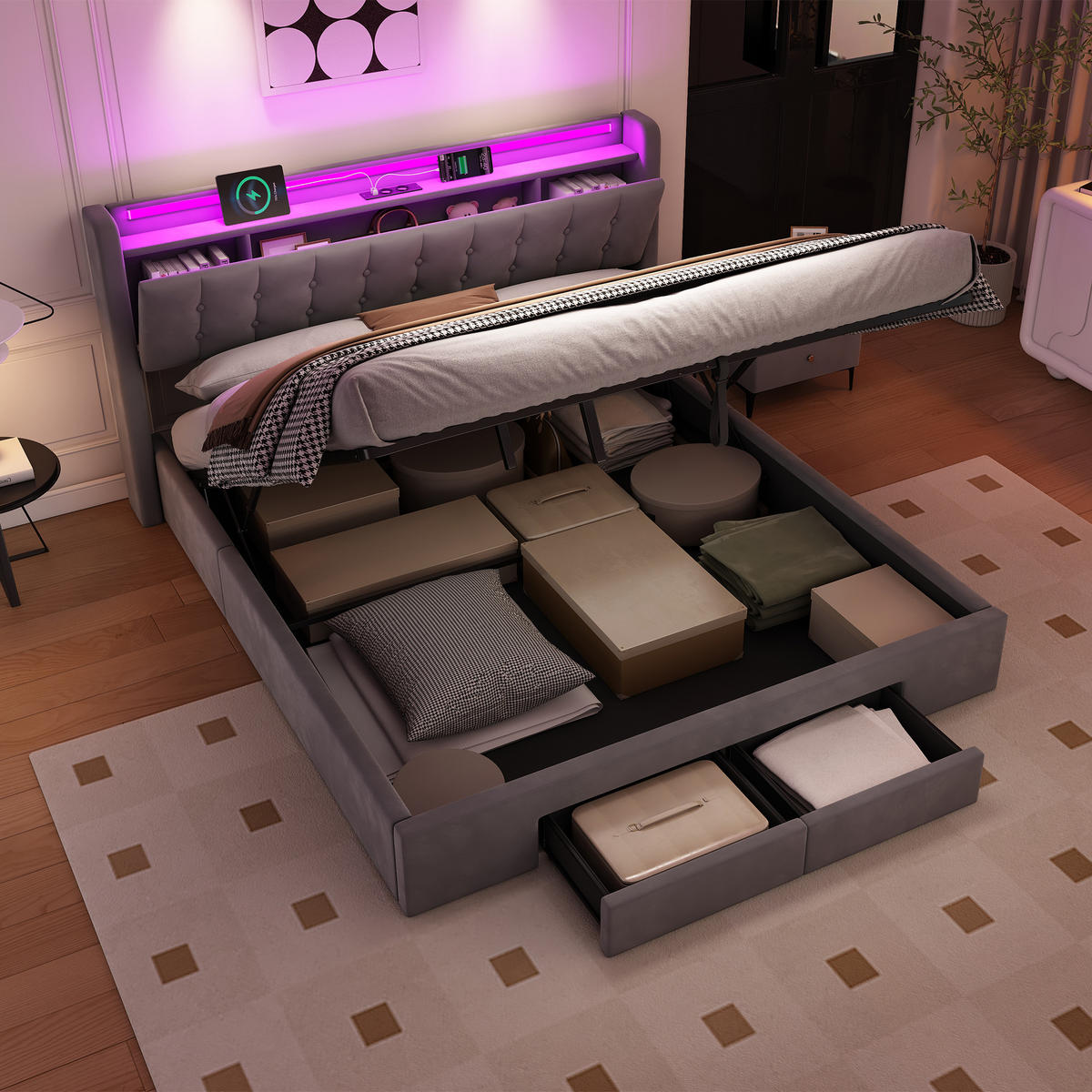 POLSTERBETT 180/200 cm in Dunkelgrau Samt mit Bettkasten, Schubladen und USB/LED-Beleuchtung - Dunkelgrau, Holzwerkstoff/Textil (180/200cm) - CHICFURN