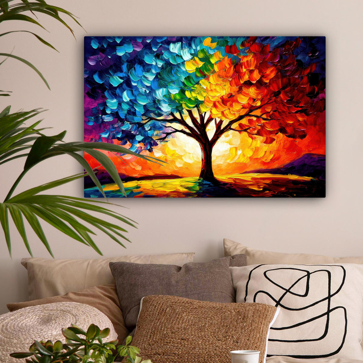 LEINWANDBILD - Baum - Kunst - Natur - Sonnenuntergang - 90x60 - Deko Wohnzimmer - Multicolor, Textil (90/60cm) - MuchoWow