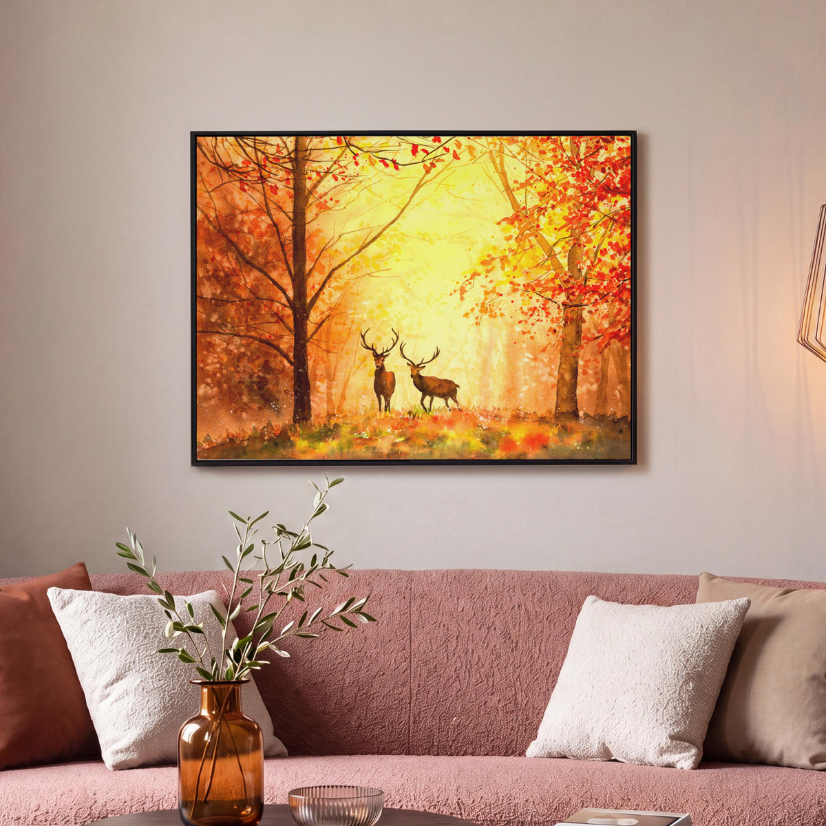 LEINWAND Bilder mit Rahmen - Natur - Ölfarbe - Hirsche - Tiere - Herbst - Orange - 80x60 - Orange, Textil (80/60cm) - MuchoWow