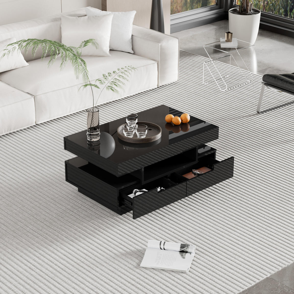 COUCHTISCH, Hochglanz-Spanplatte in Schwarz mit einstellbarer LED-Lichtleiste, 80/50/36 cm, Schwarz - Schwarz, Holzwerkstoff (80/50/36cm) - Redom