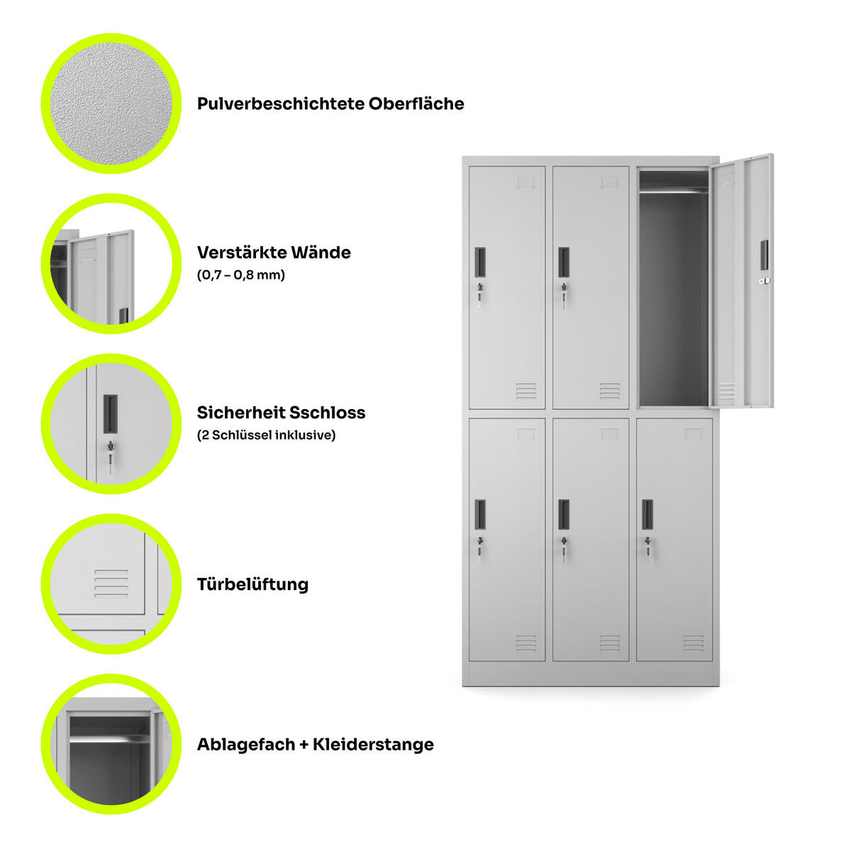 MEHRZWECKSCHRANK mit 6 Fächer Hellgrau Stahl 90x185x45cm - Hellgrau, Metall (90/185/45cm) - Muralo
