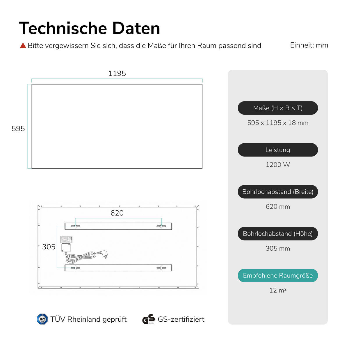 WANDKONVEKTOR Elektrisch mit App Steuerung, Thermostat, 119,5/59,5/1,8 cm - Weiß, Kunststoff/Metall (119.5/59.5/1.8cm) - EMKE