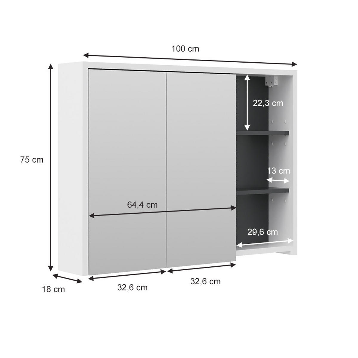 BADSPIEGELSCHRANK Viola Weiß/Anthrazit 100 x 75 cm - Anthrazit/Weiß, Holzwerkstoff (100/75/18cm) - Vicco