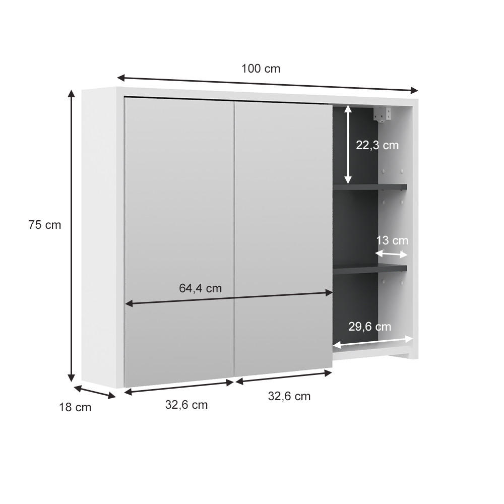 Thumbnail - Vicco Badspiegelschrank, Weiß, Anthrazit, Holzwerkstoff, 6 Fächer, Rechteckig, 100x75x18 cm, Badezimmer, Badezimmerspieg...