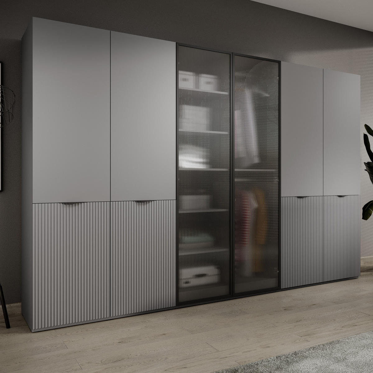 KLEIDERSCHRANK ZEN (Modular, Grau Matt, Grau & Geriffeltes Glas Flutes, 6-türig) - Schwarz/Grau, Holz/Holzwerkstoff (303/200/51cm) - Ravio
