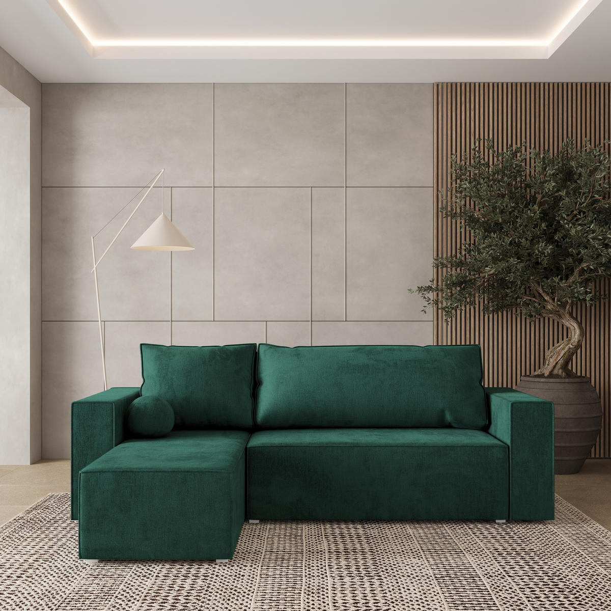 ECKSOFA RAVELO M Grün Velours-Stoff mit Schlaffunktion - Grün, Holz (240/140cm) - MASSENO