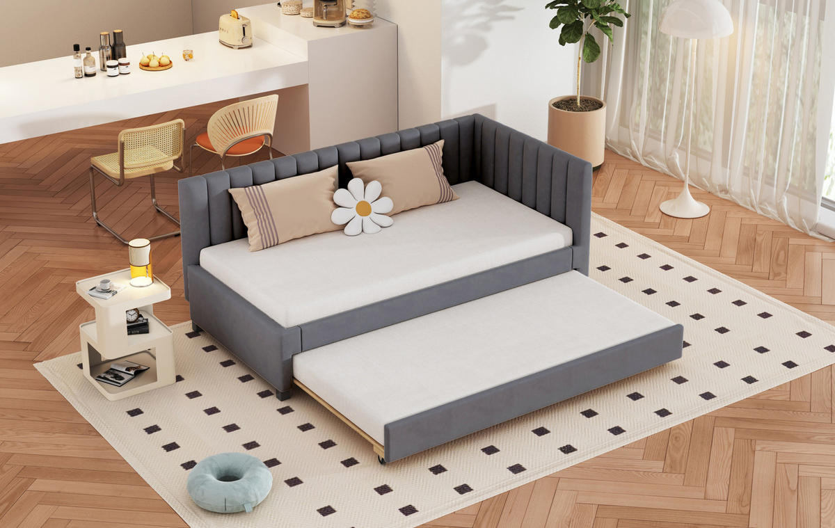 POLSTERBETT 90/200 cm Grau aus Samtstoff mit Ausziehbett - Grau, Textil (90/200cm) - OKMYHOME
