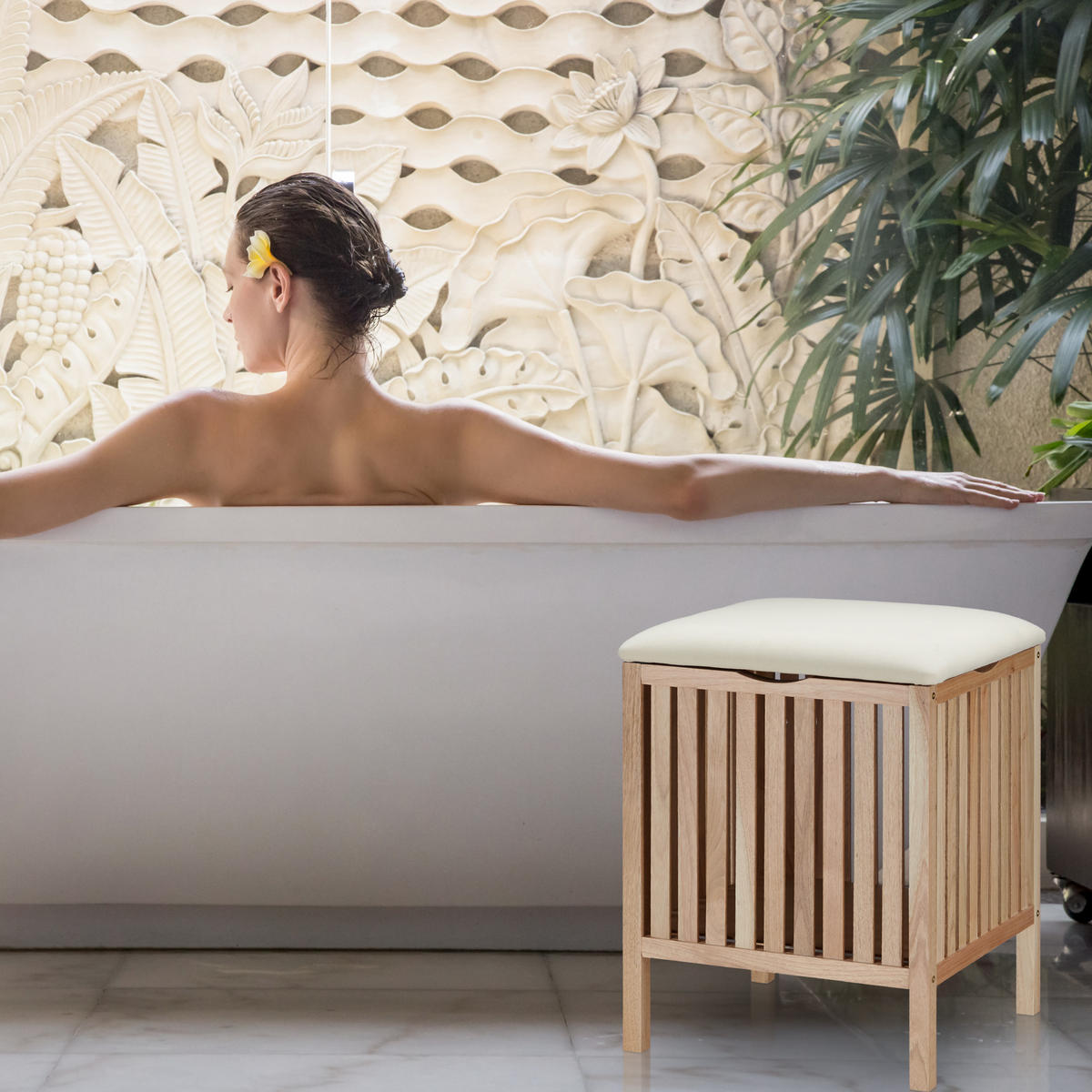 KOŠ za perilo - svetlo rjava, tekstil/leseni material (41/51/41cm) - Relaxdays