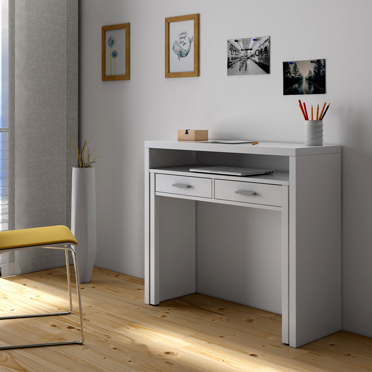 KONSOLENSCHREIBTISCH ausziehbar mit 2 Schubladen - L100 cm Consola - Weiß, Holzwerkstoff (36/99/88cm) - Calicosy