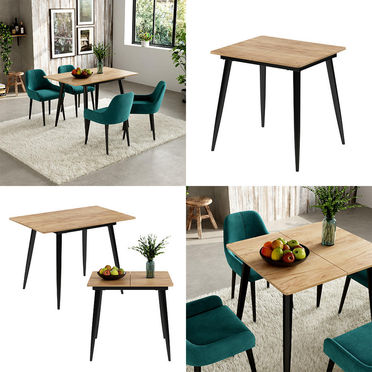 ESSTISCH Beaver Schwarz/Goldkraft Eiche 80 x 70 cm ausziehbar - Eiche Wotan/Schwarz, Holzwerkstoff (70/80/75cm) - Vicco