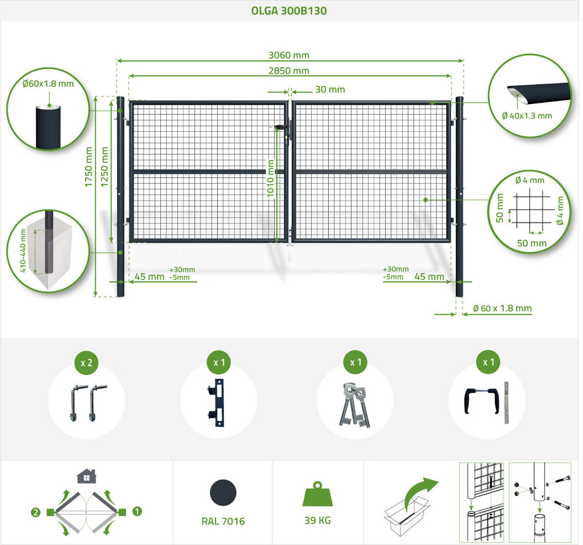 ZAUNTOR Olga Grau 3m H.130cm + TÜRCHEN 1m H.130cm - Grau, Metall (306/131cm) - Casanoov