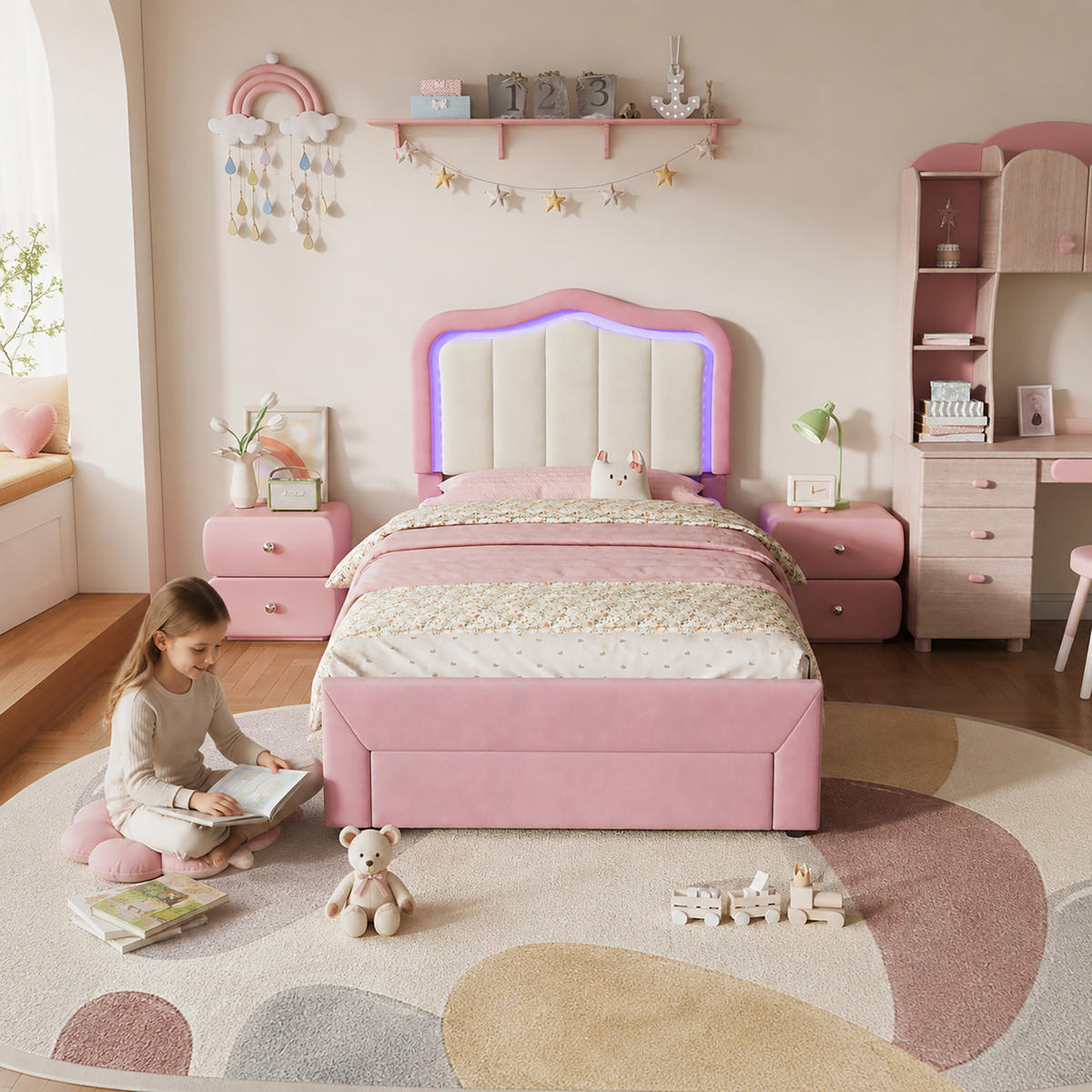 POLSTERBETT 90/200 cm mit Schublade und LED, DE-41731, in Rosa - Pink, Holzwerkstoff (90/200cm) - ComfortXL