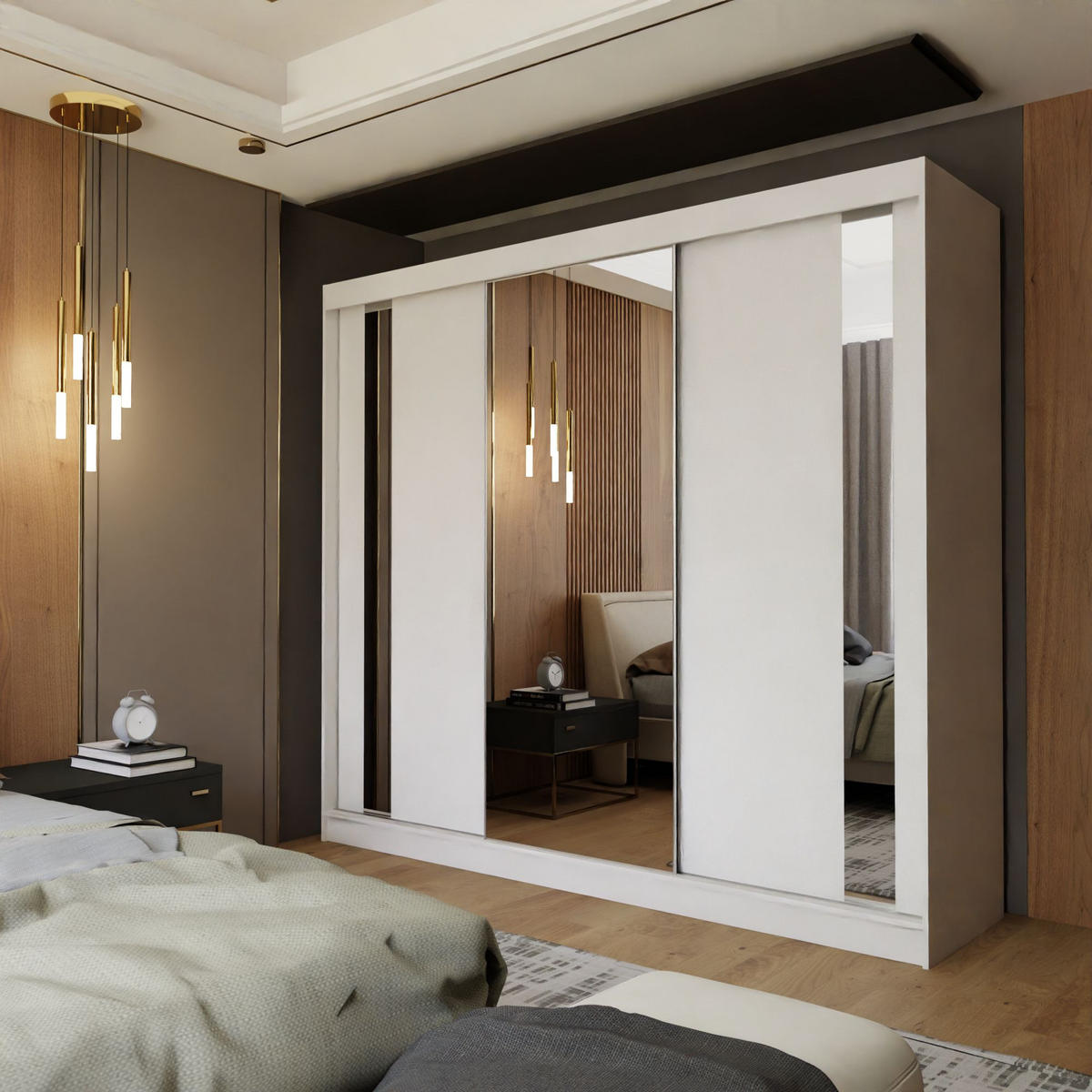SCHWEBETÜRENSCHRANK GRAZIA 240/216/61 cm 3-türig mit Spiegel Weiß - Weiß, Holzwerkstoff (240/216/61cm) - MASSENO