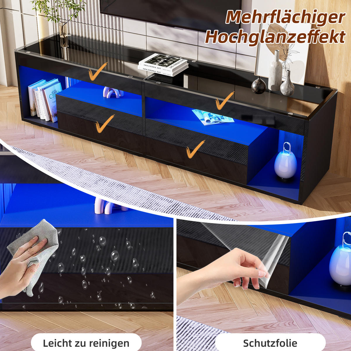 TV-SCHRANK 180/40/46 cm schwarz aus Spanplatte mit LED - Schwarz, Holzwerkstoff (180/46/40cm) - OKWISH