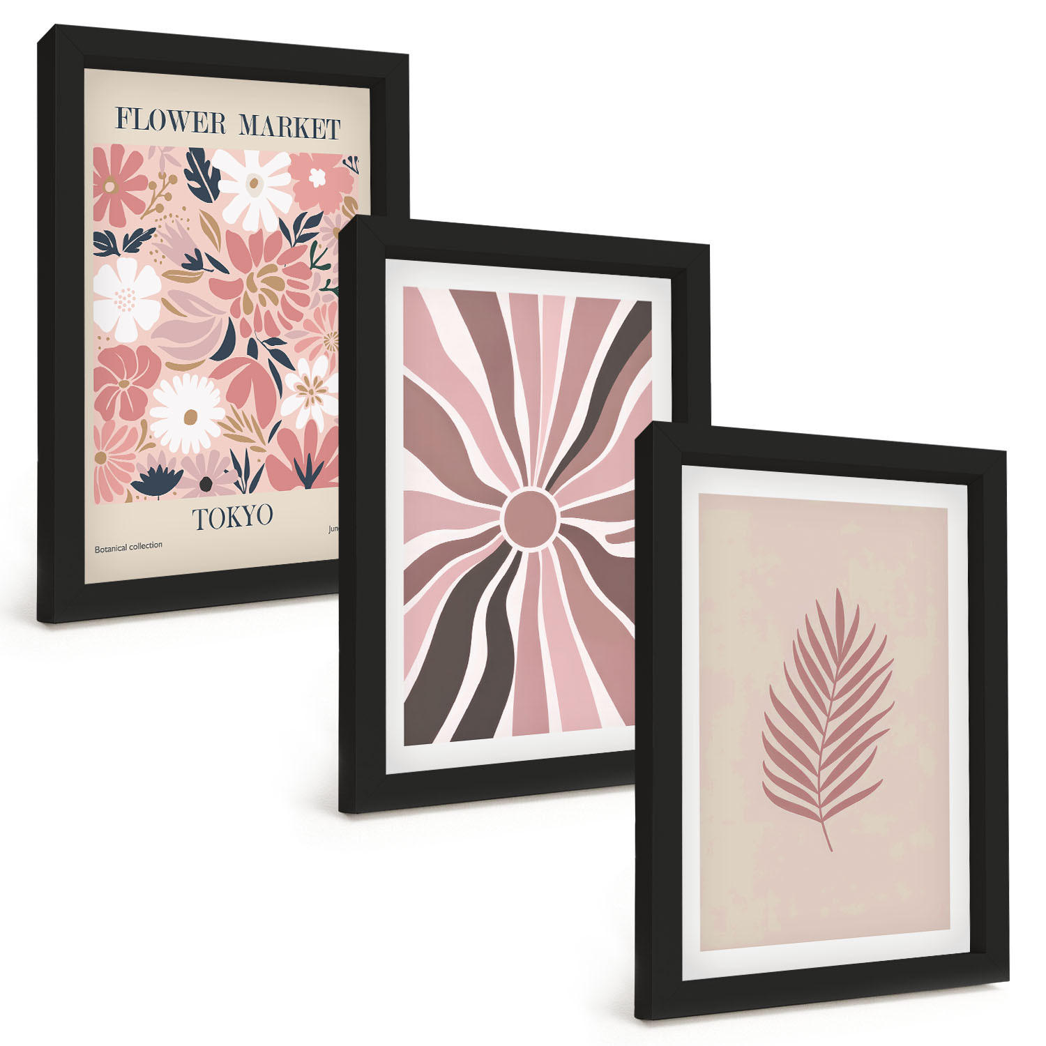 BILDER SET 3er Set - 20x30 cm Schwarzer Rahmen - Florale Blattmuster und Geometrie - Schwarz, Kunststoff (20/30cm) - TULUP