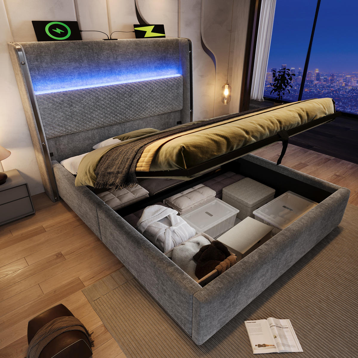 BETT 90/200 cm Grau mit hohem Kopfteil LED-Beleuchtung und Stauraum - Grau, Textil (90/200cm) - OKWISH