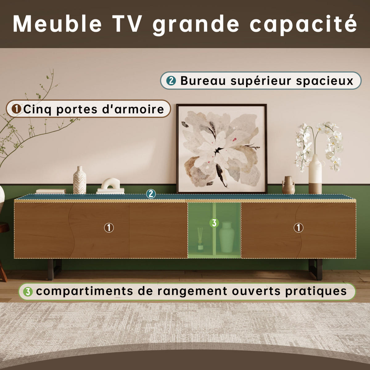 TV Lowboard 191x38x46,5 cm, 5 Türen, Natur - Braun, Holz (191/33/38cm)