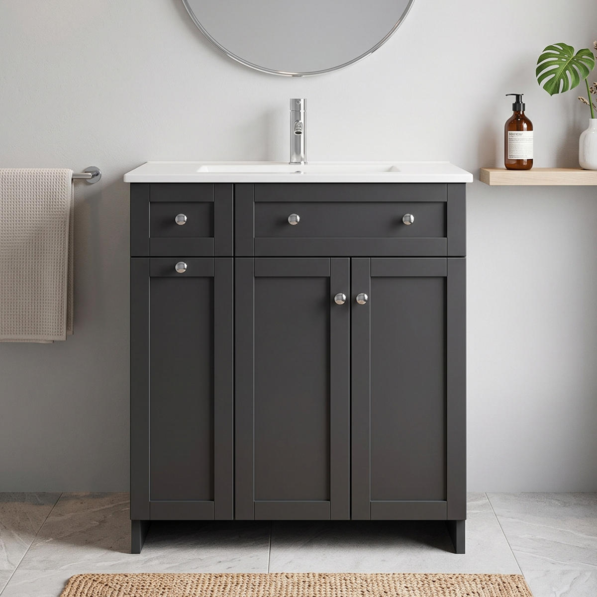 WASCHTISCH 76cm Keramikbecken 3 Schubladen Schwarz lackiert - Schwarz, Holzwerkstoff (76/86/47cm) - Urban Meuble