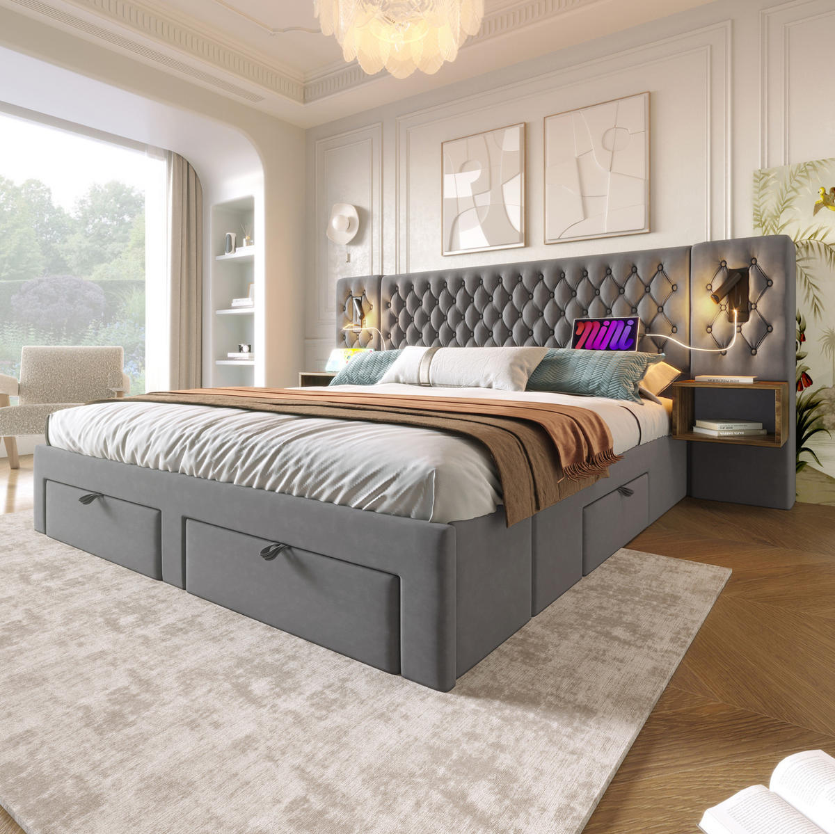 BETT mit 2 Nachttischen, 4 Schubladen und USB 160x200 cm Samt Grau - Grau, Metall (160/200cm) - Meubliv