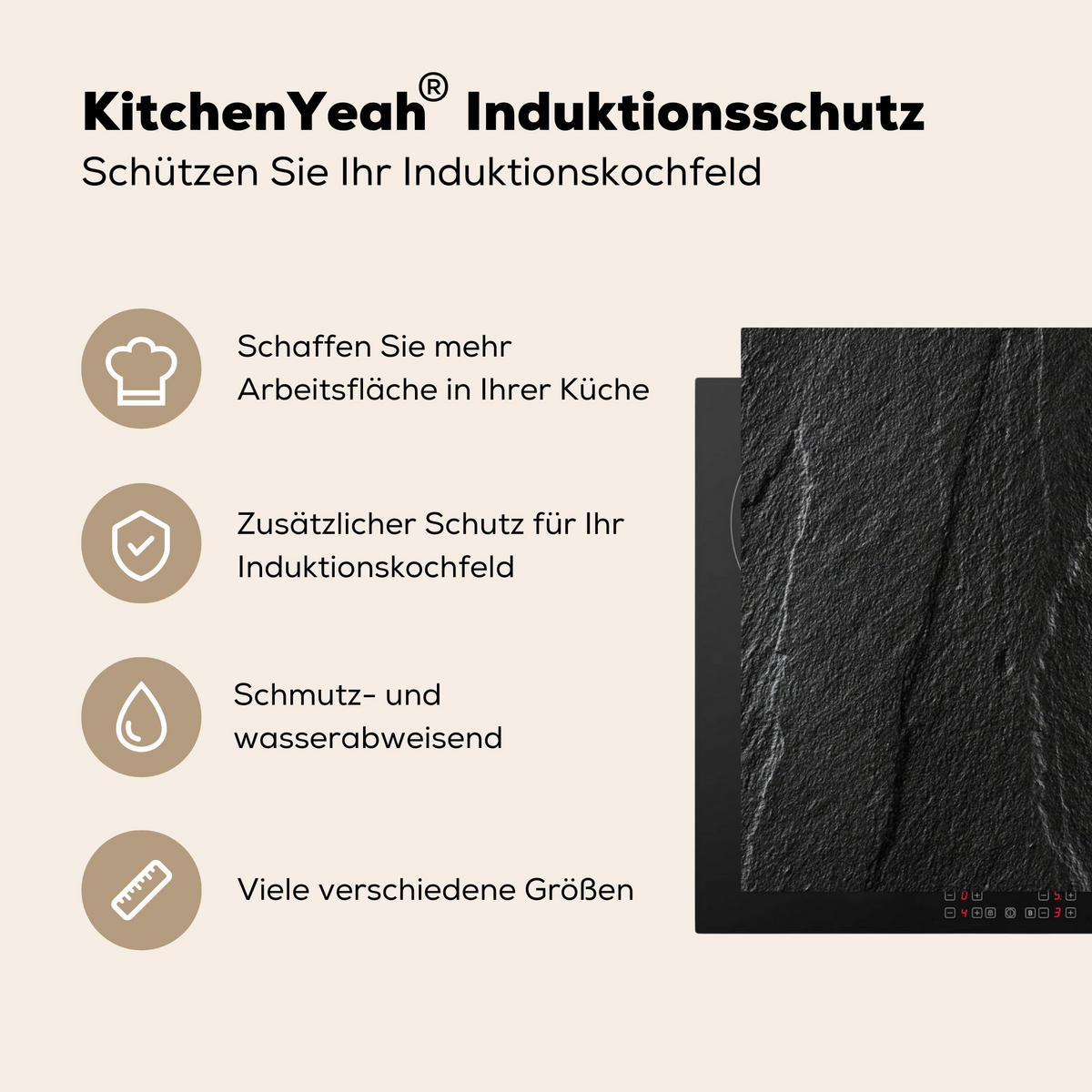 HERDABDECKPLATTE Stein - Anthrazit - Dunkelgrau - Steinstruktur Ceranfeldabdeckung 85x52 cm - Anthrazit, Kunststoff (85/52/0.2cm) - MuchoWow
