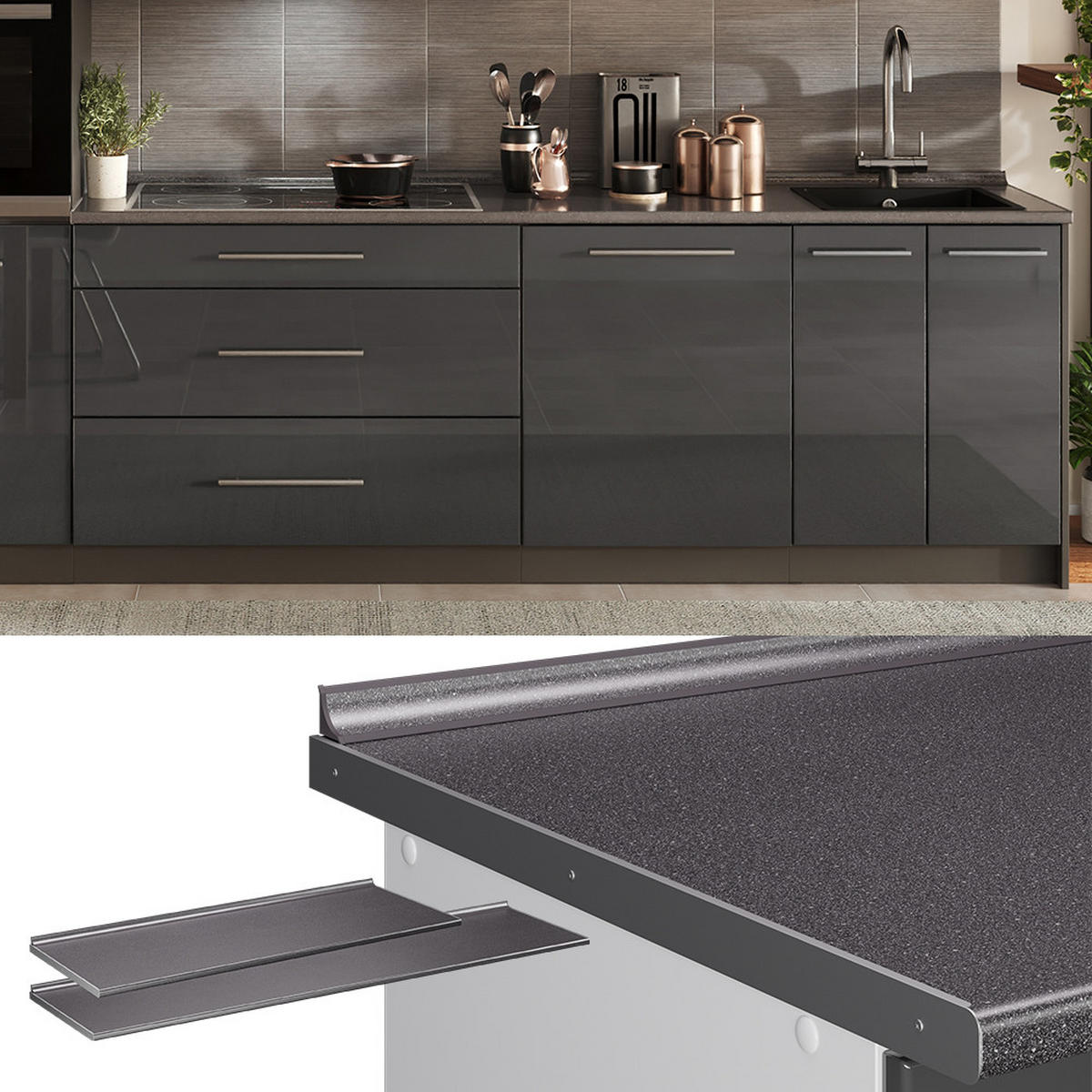 KÜCHENARBEITSPLATTE R-Line, Granit, 160 cm - Anthrazit, Holzwerkstoff (160/2.8/60cm) - Vicco