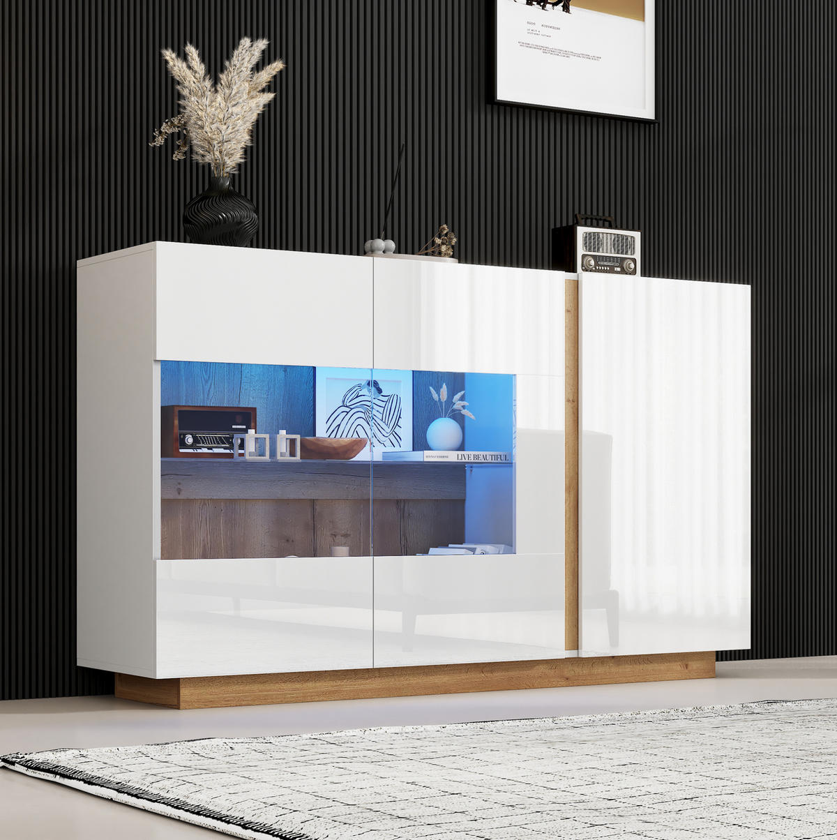 SIDEBOARD 138/38,5/90,5 cm in Weiß Hochglanz mit 3 Türen, Glas & LED - Weiß, Holzwerkstoff (138/90.5/38cm) - BEAOK