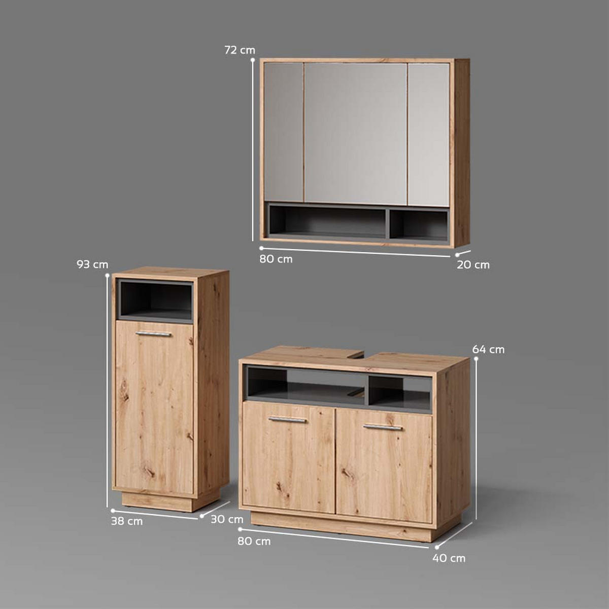 BADMÖBEL-SET Temo Artisan-Eiche 3 Teile - Anthrazit/Eiche Artisan, Holzwerkstoff (80/64/40cm) - Livinity®