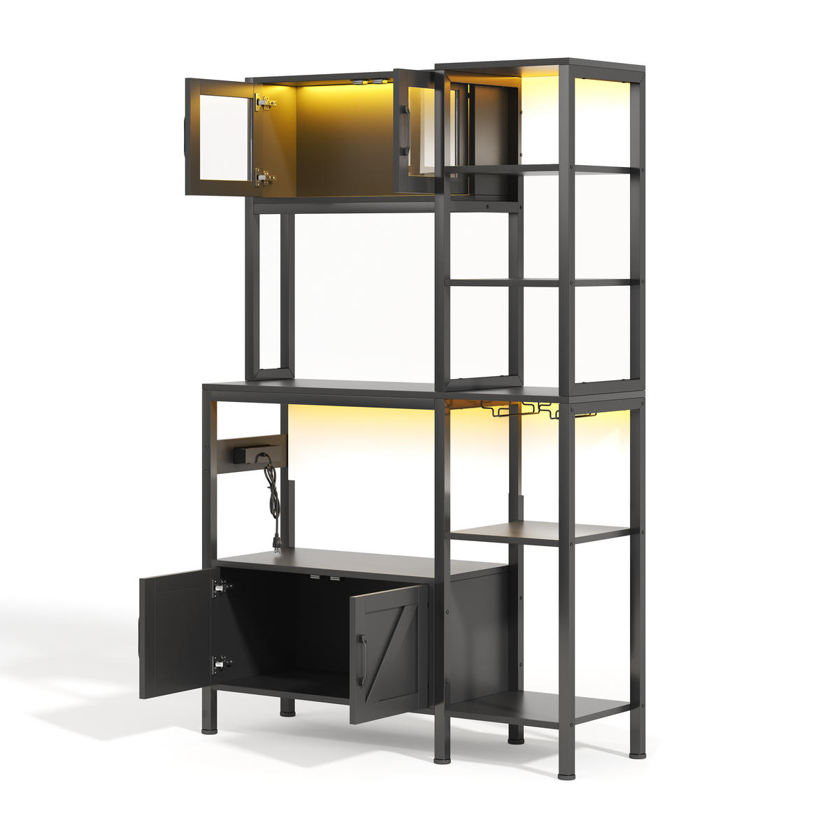 BUFFET 115/40/180 cm Schwarz mit LED-Lichtern, Barregal, Aufbewahrungsfunktion und Weinglashalter - Schwarz, Holz (115/180/40cm) - Oxeza
