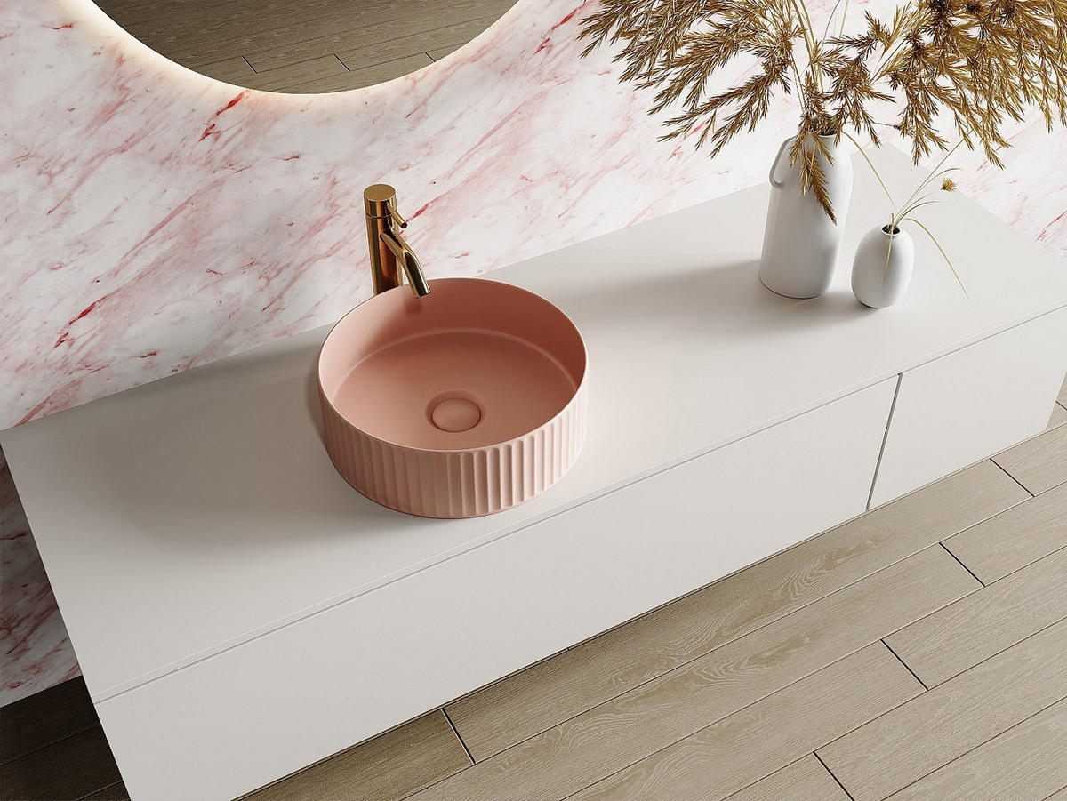 AUFSATZWASCHBECKEN rund - Rosa matt - Keramik - geriffelt - 36 cm - PEDARA - Pink, Keramik (36/12/36cm) - Vente-Unique