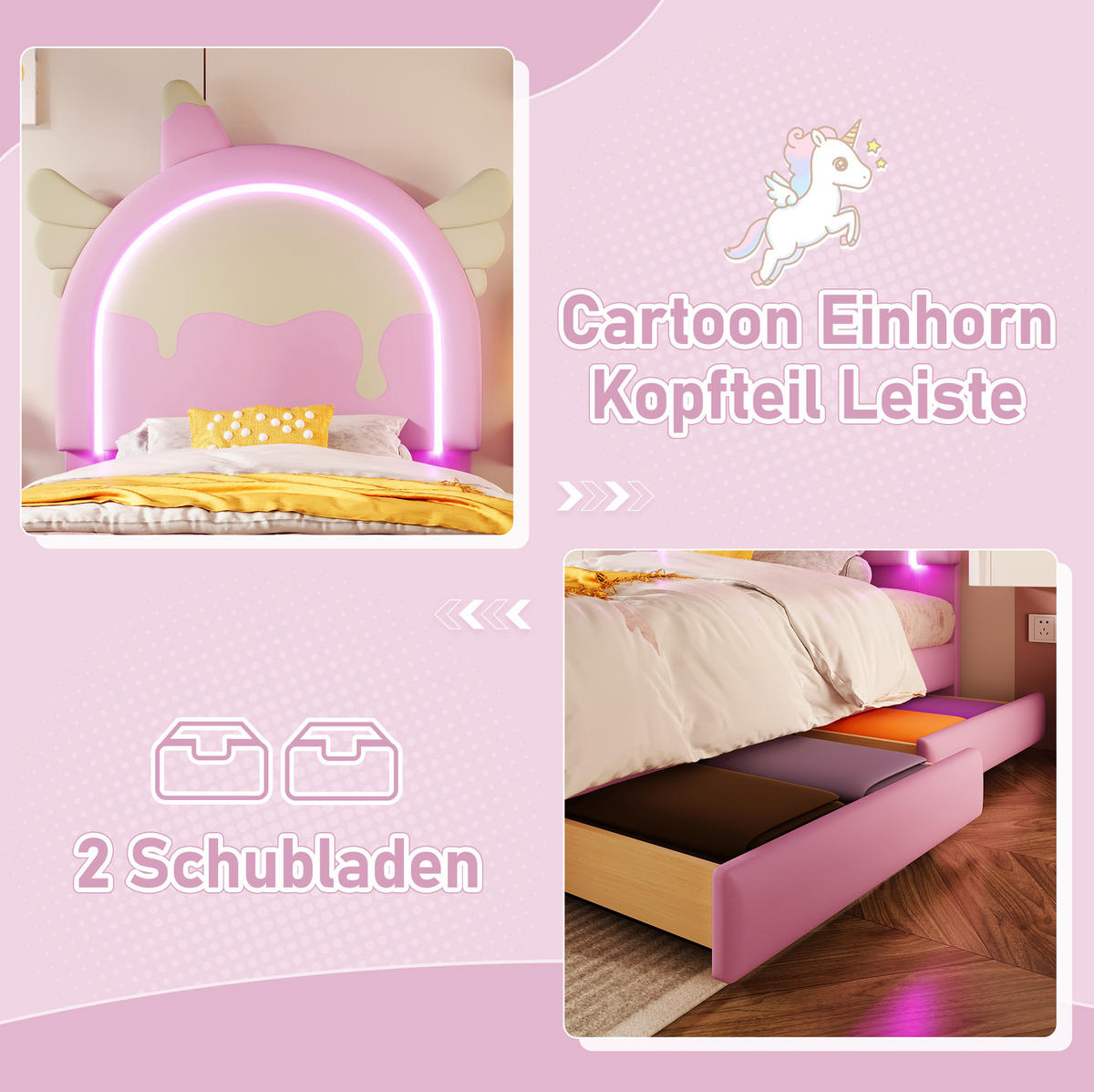 POLSTERBETT 90/200 cm Rosa aus PU mit Leuchtleiste - Rosa, Kunststoff (90/200cm) - OKMYHOME