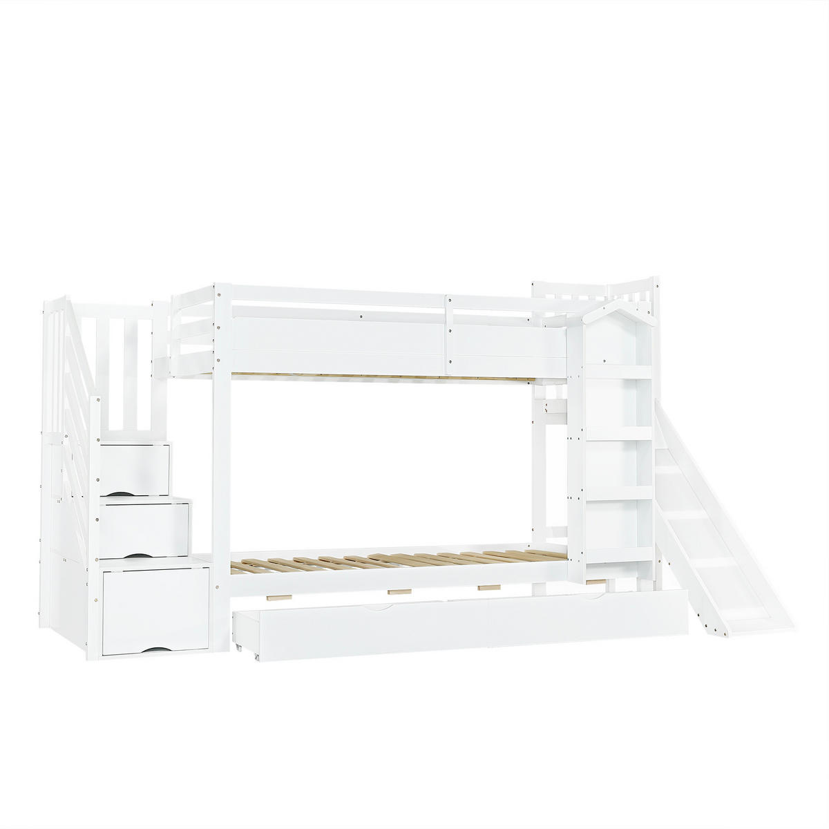 ETAGENBETT 90/200 cm Weiß+Rosa mit Bilderbuchregal, 2 Schubladen, Rutsche und Stauraumtreppe - Weiß, Holz (90/200cm) - Oxeza