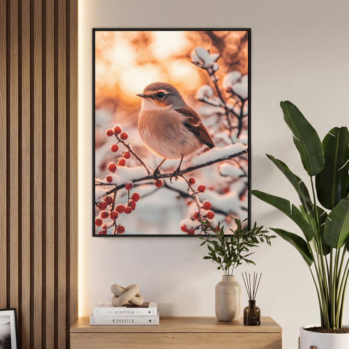 LEINWAND Bilder mit Rahmen - Vogel - Zweig - Winter - Tiere - Schnee - 70x100 - Bernsteinfarben, Textil (70/100cm) - MuchoWow