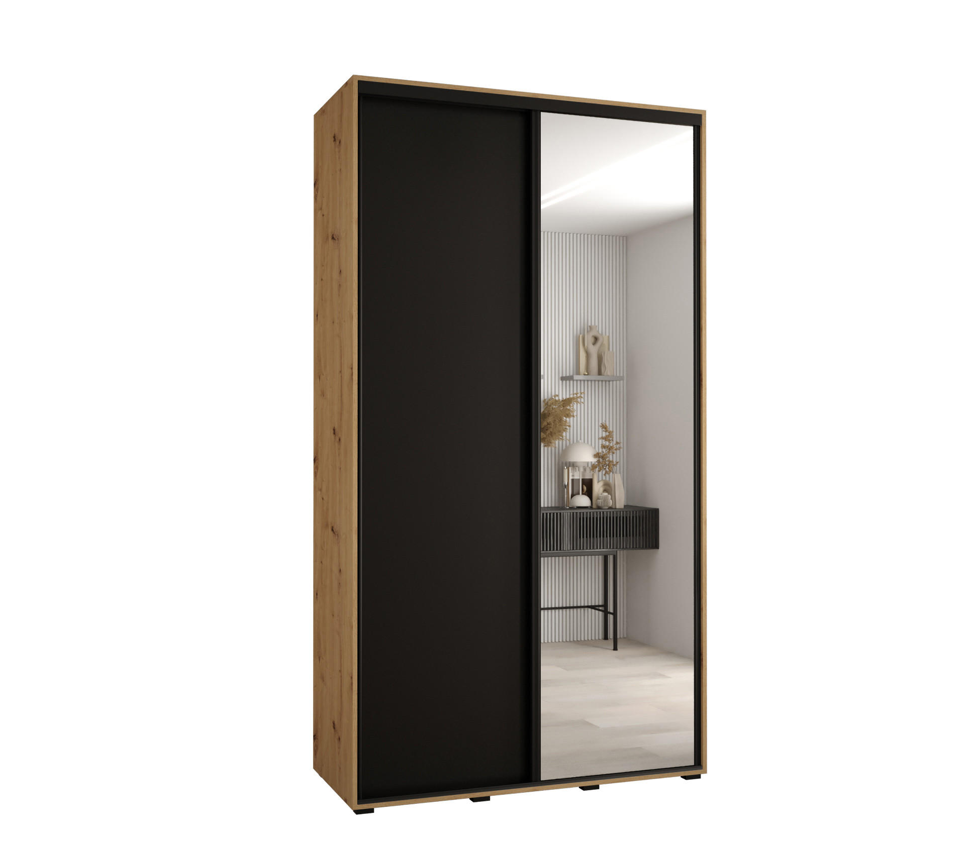 Abiks Möbel Schwebetürenschrank Eiche Artisan, Schwarz, Schwarz 140x235x45 cm