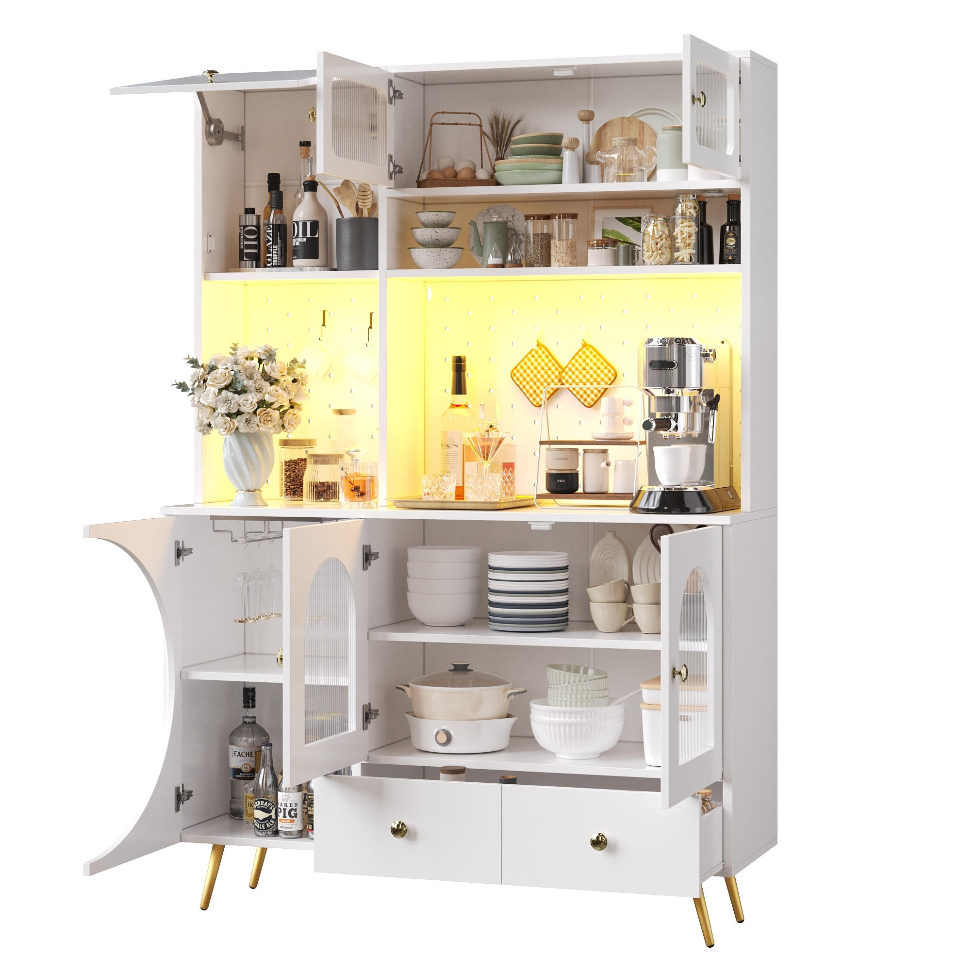 KÜCHENSCHRANK mit LED und Steckdosen 120 x 40 x 176 cm MDF Glas Weiß - Weiß, Glas (40/176/120cm) - Meubliv