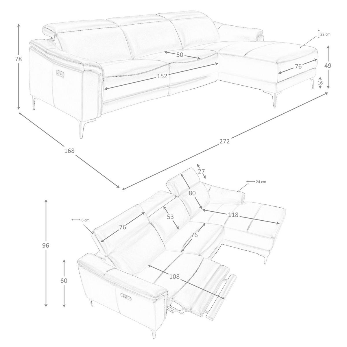 ECKSOFA Rechtes Chaiselongue-Relaxsofa aus schwarzem Leder 272/168/96 cm - Schwarz, Leder (272/168cm) - ANGEL CERDA