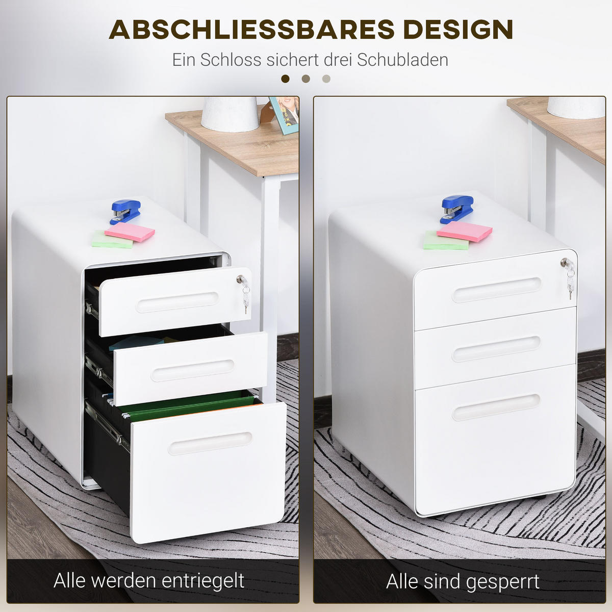 AKTENSCHRANK mit 3 Schubladen, Stahl, Schwarz, 39 x 48 x 60 cm - Weiß, Metall (48/59/39cm) - Vinsetto