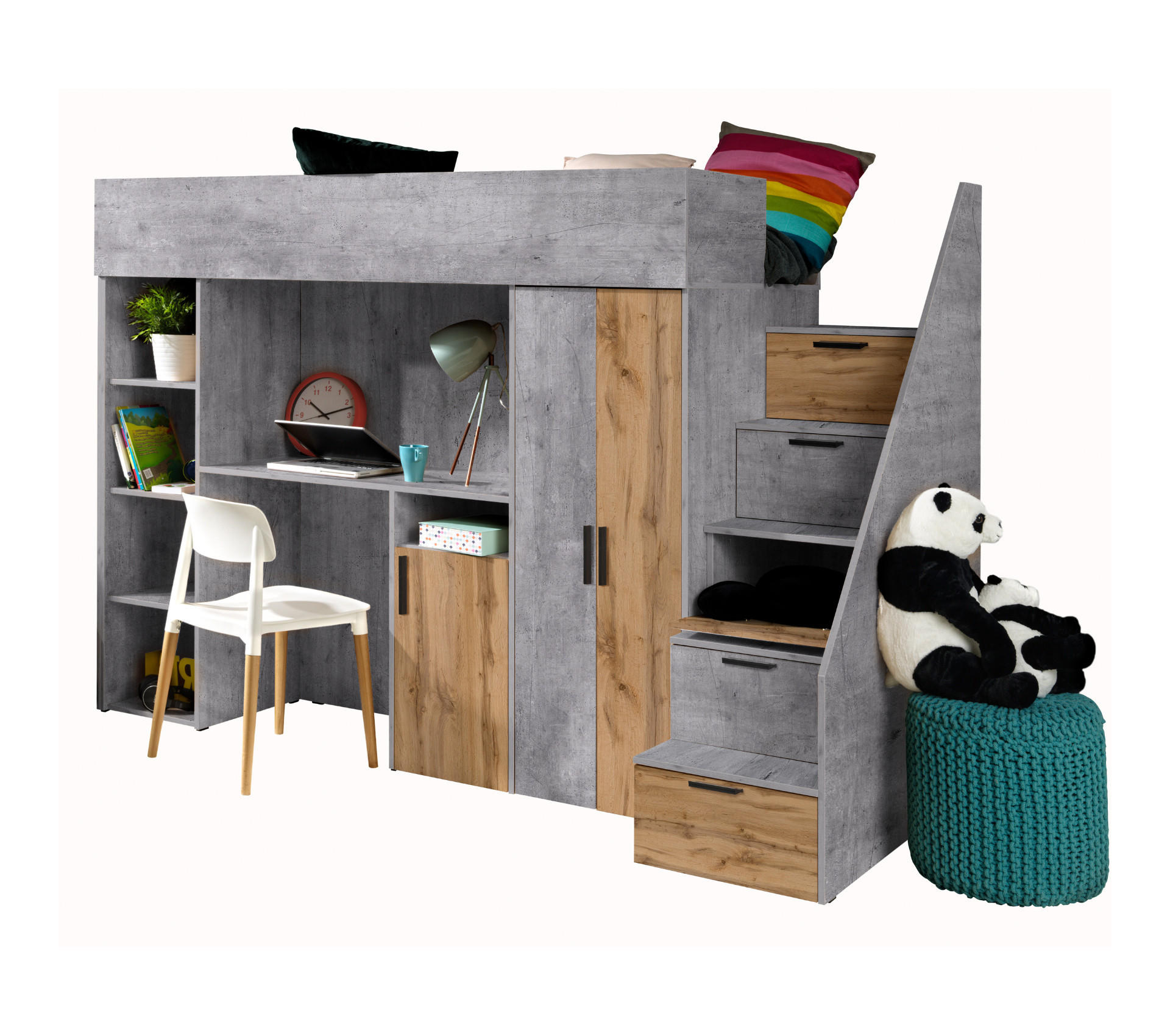 Abiks Möbel Hochbett Grau, Eiche Wotan 90x200 cm