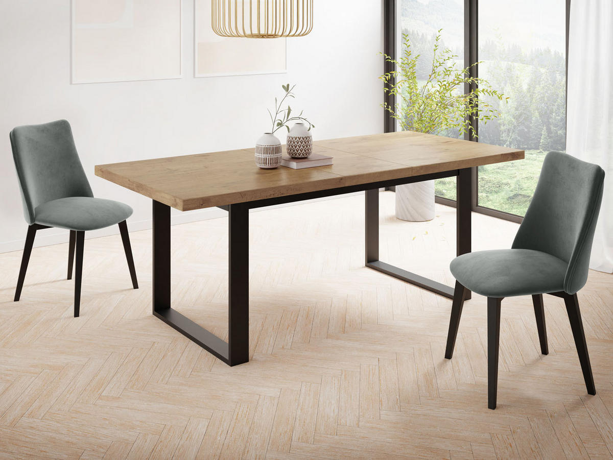 ESSTISCH Valentino rechteckig ausziehbar, Lancelot Eiche 160/200/80/75 cm - Eichefarben/Schwarz, Holzwerkstoff/Metall (160/80/75cm) - WFL GROUP