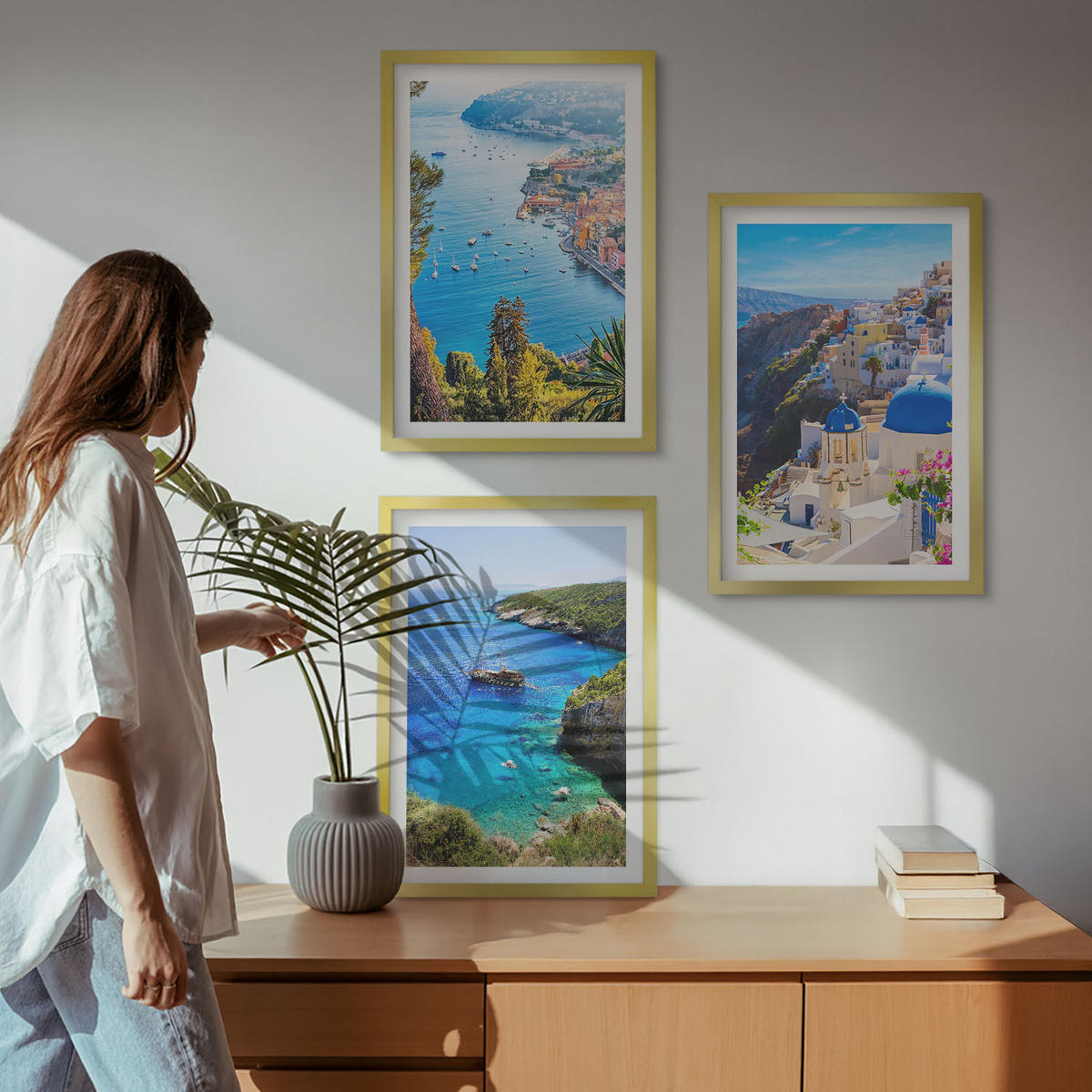 WANDBILDER 3er Set - 40x60 cm Goldrahmen - Griechische Ansichten von Santorin Oia - Goldfarben, Kunststoff (40/60cm) - ArtPrintCave
