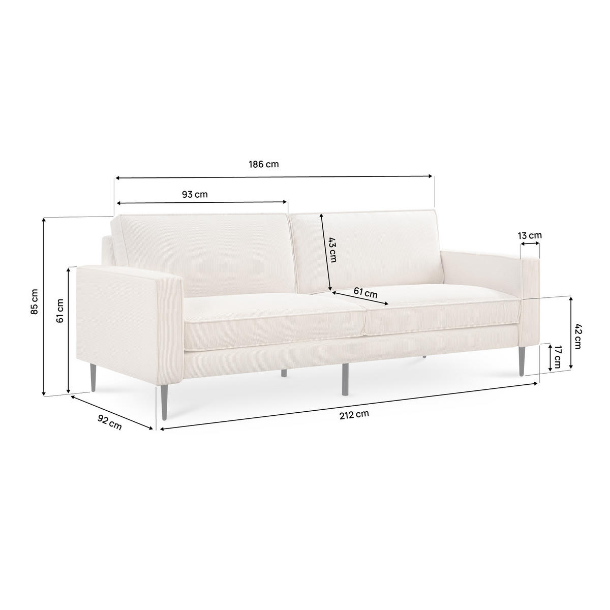 3-SITZER-SOFA Oskar Vintage beige Cord - Beige/Schwarz, Holz/Textil (212/83/92cm) - Sicaan
