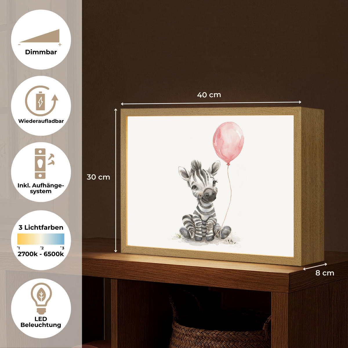 NACHTTISCHLAMPE MIT AKKU Zebra - Baby - Tiere - Rosa Luftballon 40x30 cm - Weiß, Holzwerkstoff (8/40/30cm) - OnlyWow
