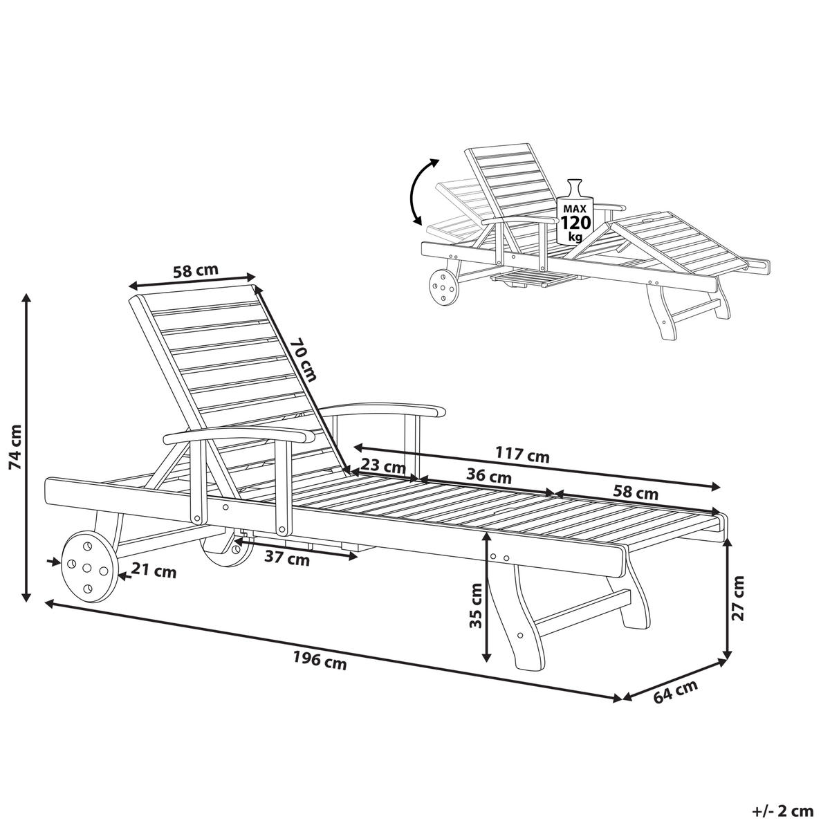 GARTENLIEGE hellbraun Java - Hellbraun, Holz (64/74/196cm) - Beliani